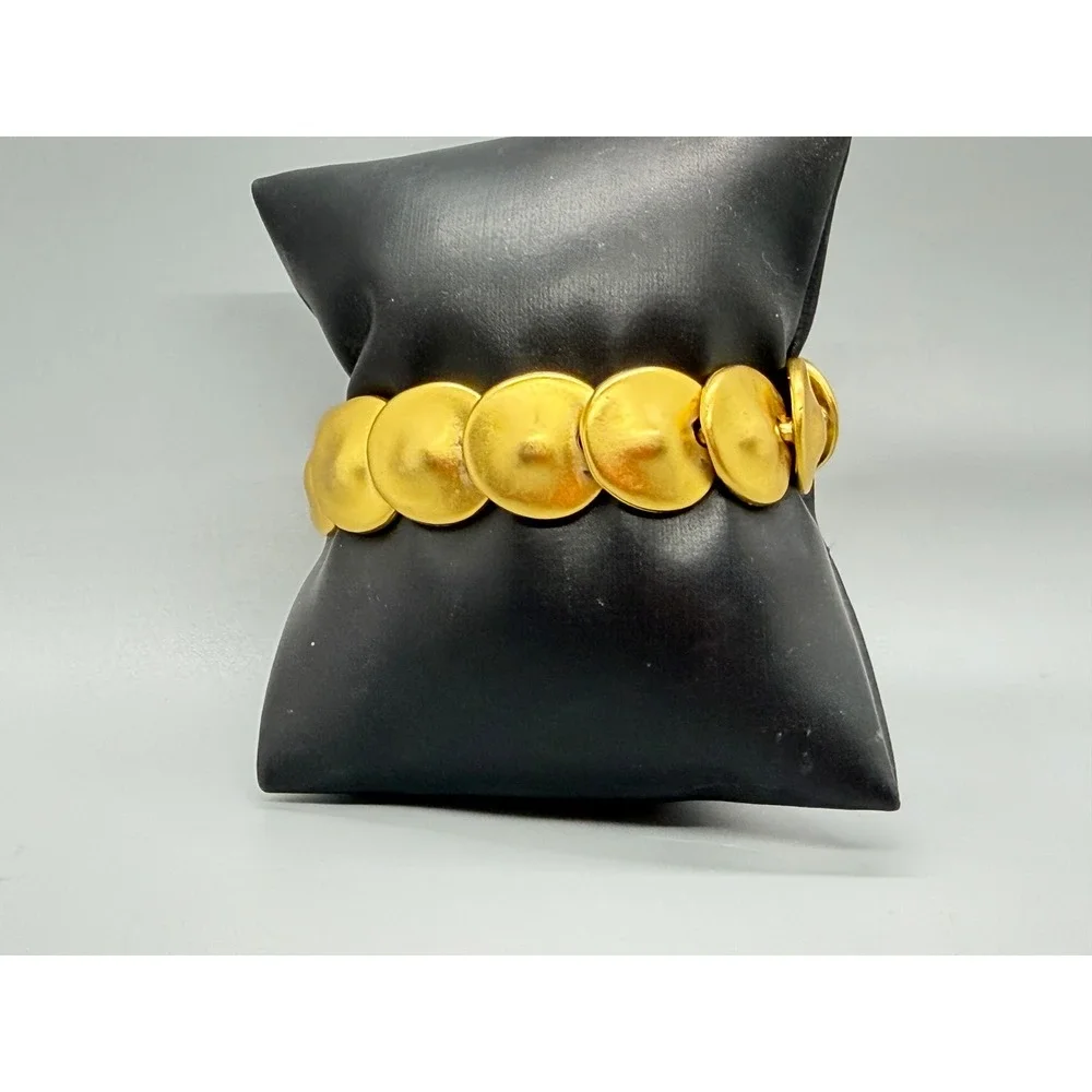 Vintage Craft ROund Disk Link Bracelet Matt Brushed Gold Tone Domed Art Deco